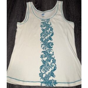 SB Active Womens Cream Teal Floral Ribbed Tank Top y2k Athleticwear Size L
